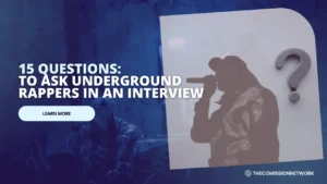 Silhouette of a rapper with a question mark in the background, representing questions to ask underground rappers on a podcast